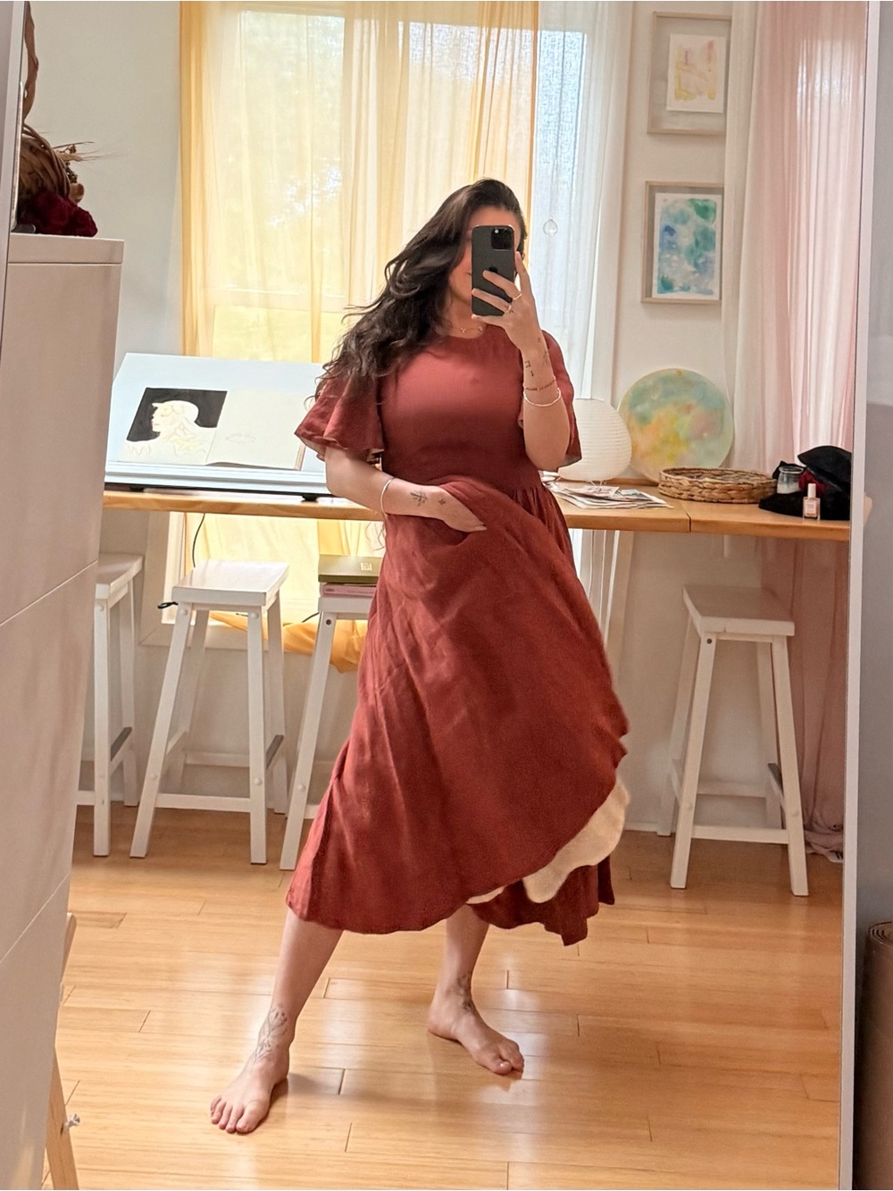 Son de Flor NWOT butterfly sleeve Rust Midi Dress with Cream Hem